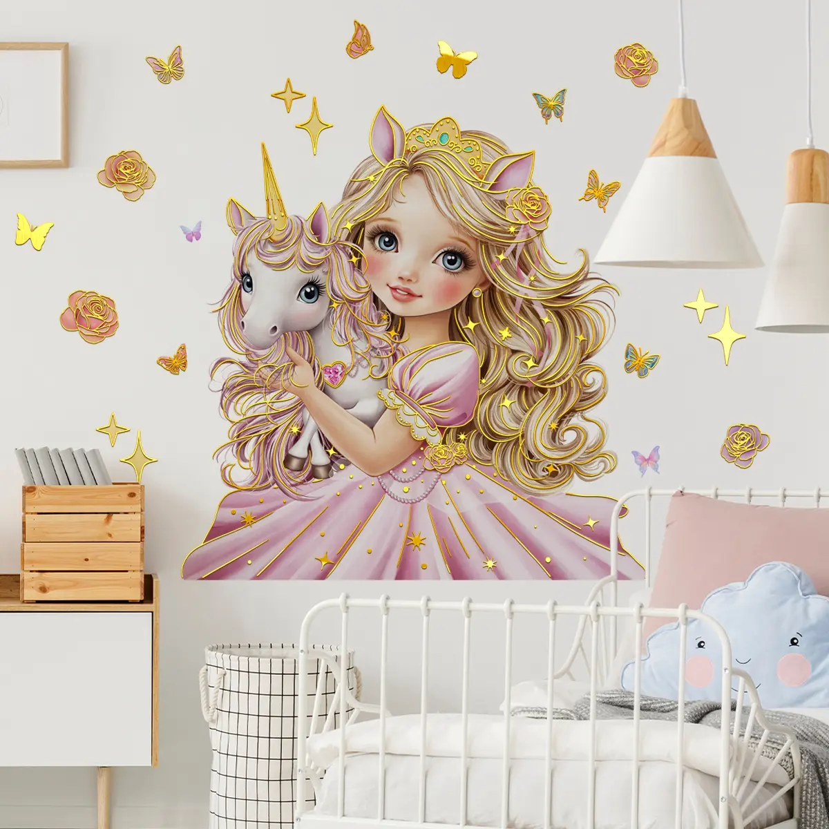 Set of 2 Hand-Painted Unicorn Wall Stickers 30*90cm, Gold Foil Cute Princess Bedroom Decor, Self-Adhesive Home Decor for Girls, Wall Art Stickers, Decorative Wall Sticker, Wall Stickers Decorations