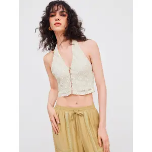 Cider [size 2-10] Halter Solid Texture Button Crop Top