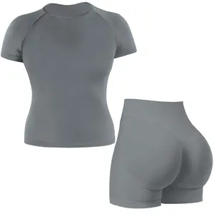 Jetjoy Womens Workout Sets 2 Piece Seamless Yoga Outfits Shorts and Short Sleeve Crop Top Hidden Scrunch Shorts Matching Gym Athletic Clothing Set Sports athleisure Fitness Gym Outfits Yoga Tracksuit summeroutfit