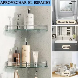 2 Stainless Steel and Glass Corner Shelves - Single-Layer Wall-Mounted Bathroom Storage Shelves, Including Metal Tubes
