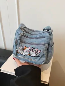 Cute Three Cats Embroidered Denim Crossbody Bag, Multi-Pocket Fringe Lady Casual Shoulder Bag, Daily Use Fashion Accessory