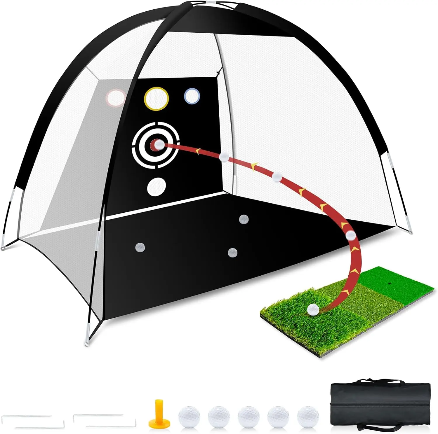 Golf Net - Upgraded All-in-One 10x7ft Golf Practice Net with 5 Real Balls, Tri-Turf Mat and Portable Bag, Durable Hitting Nets for Backyard Driving Swing Outdoor