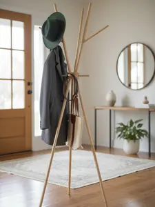 Wooden Coat Rack – DIY Beechwood Standing Coat Stand & Hat Rack | Modern Entryway Organizer, Tool-Free Assembly, Space-Saving Garment Rack