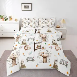 Kawaii Owl Kids Comforter Set,Cartoon Animals Bedding Set for Boys Girls,Owl Family Birds Comforter,Vintage Botanical Tree Owls Quilt