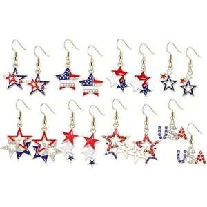 American Flag Dangle Earrings for Women - 8-12 Pairs, Sparkly Crystal Star Design, Patriotic & Independence Day, Ideal for Memorial Day & 4th of July Celebrations