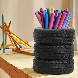 Creative Tire-Shaped Pen & Pencil Holder, Heavy-Duty Tire Tread Design, Rubber-Like Office Supply Storage, No Adhesive, Stacked-Compatible
