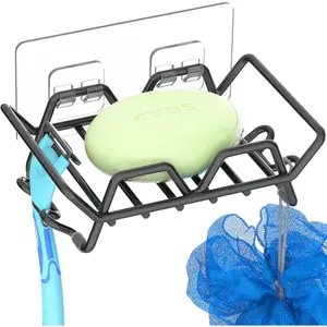 Soap Bar Holder, Wall Mounted Soap Dish Holder with 4 Hooks, Shower Razor Holder Rustproof Stainless Steel Adhesive Soap Holder for Bathroom Kitchen, No Drilling