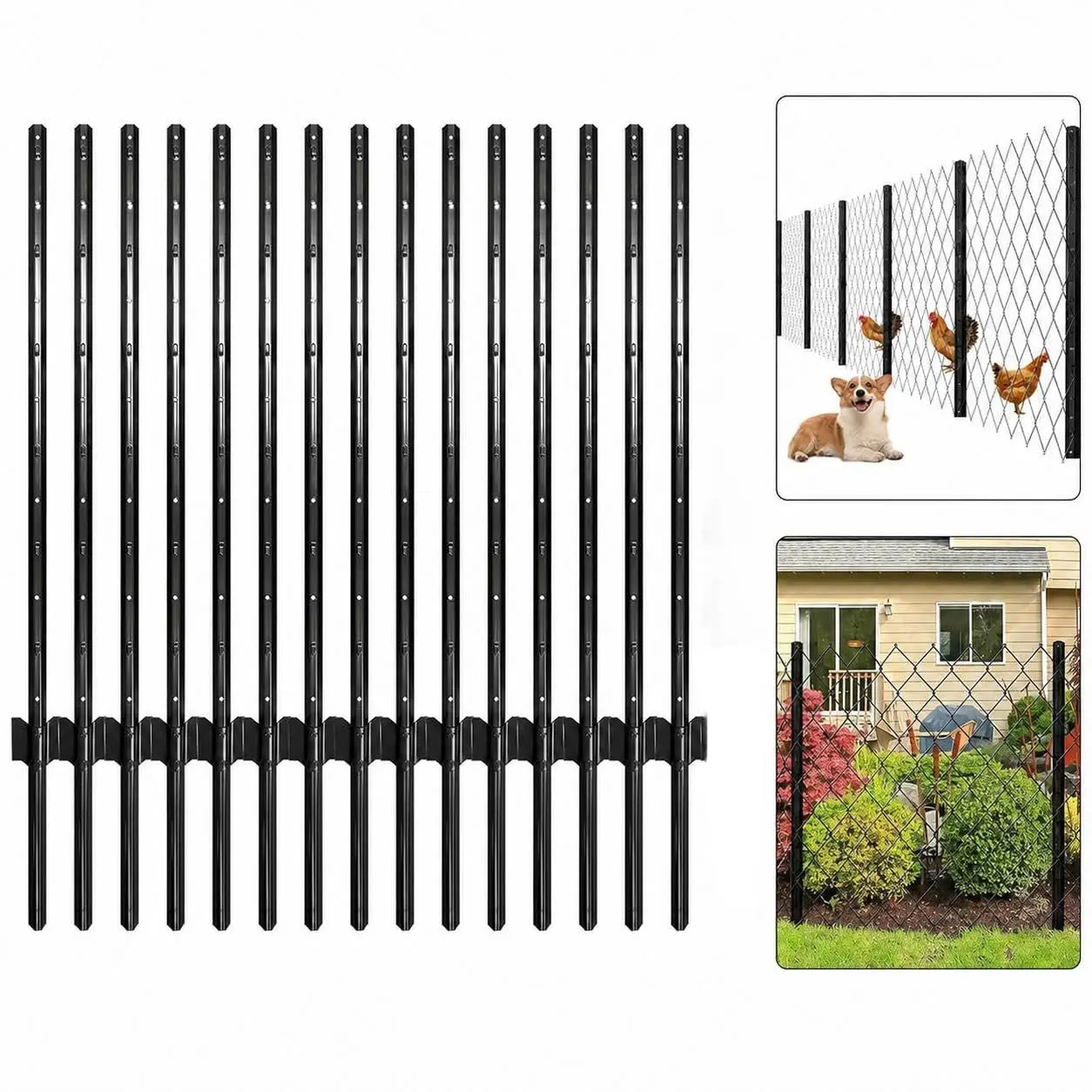 15 Pack Heavy Duty Metal Fence Posts – 4FT/5FT/6FT/7FT U-Channel Steel Stakes, No Dig Garden & Farm Fence, Black/Green