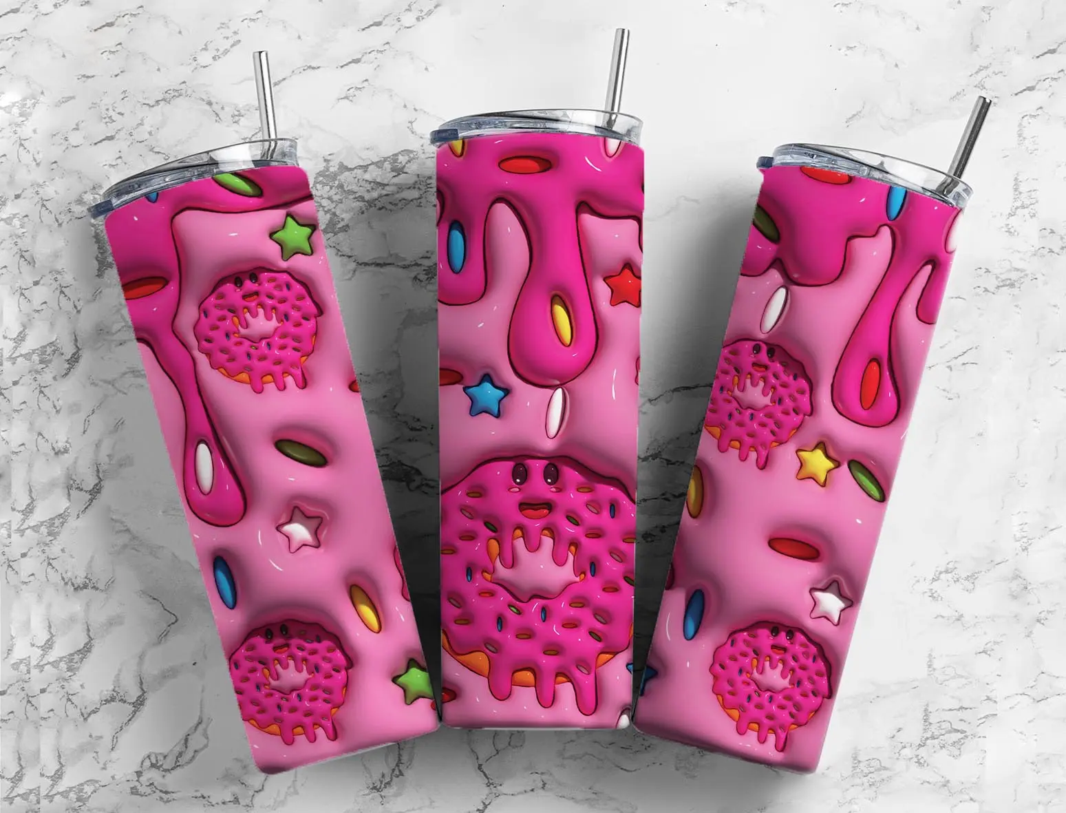 Pink Drip Donut 20oz Skinny Tumbler | Cute Candy Sprinkle Epoxy Cup | Handmade Glossy Dessert-Themed Tumbler