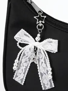 Valentine's Day Gift, Simple Girl Lace Bow Keychain Bag Charm, Rhinestone Star Handmade Beaded Keychain, Keychain Wristlet Strap, All Seasons Accessory