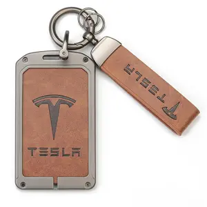 Key card holder for Tesla, leather card key holder for Model S/X/3/y cybertruck, key chain fit Tesla key card holder, door entry key card case key fob cover Tesla Model 3 Y S X accessories, Brown