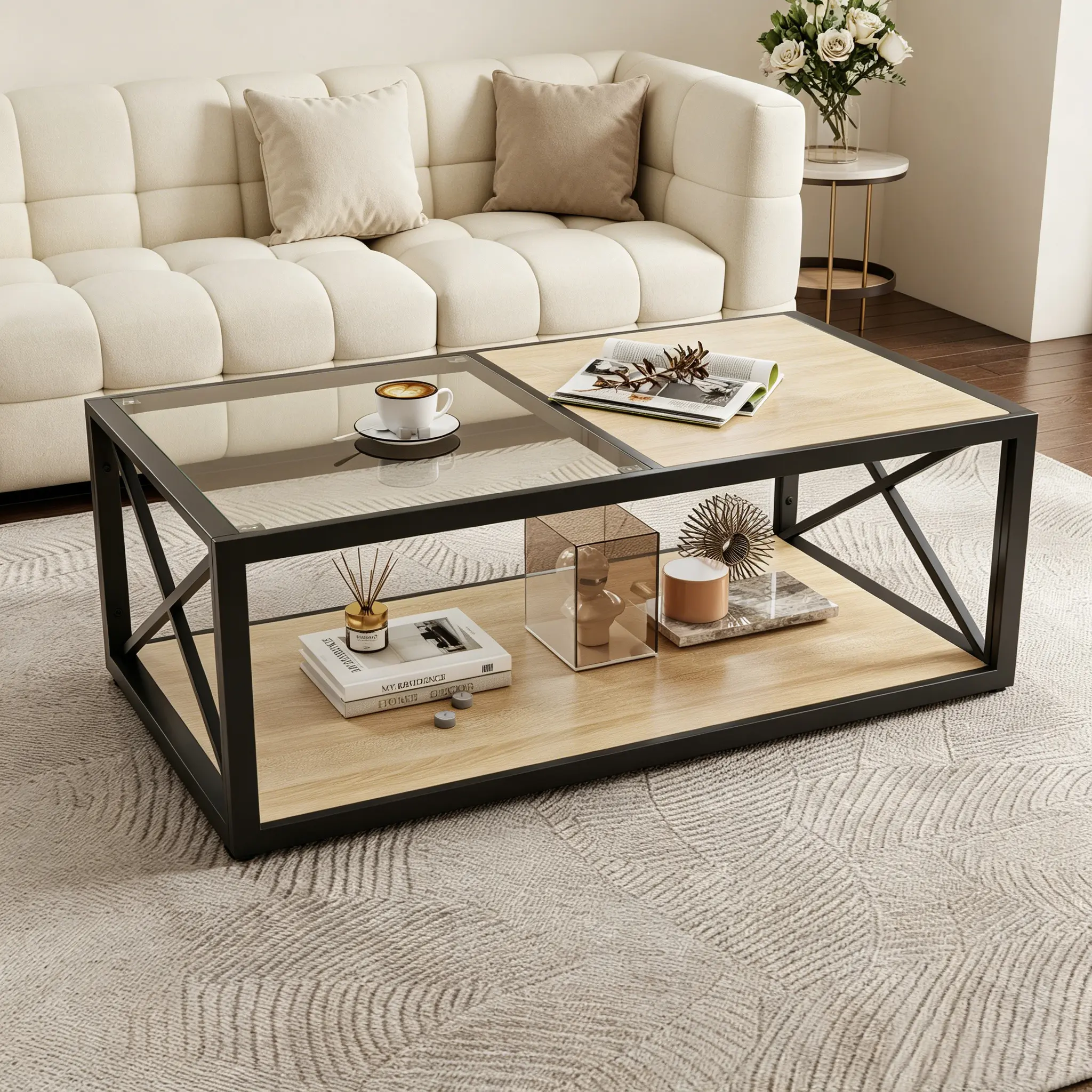 Half Glass Half Wood Coffee Table For Living Room & Bedroom, Industrial Modern Metal Legs Center Table With Open Storage Space, Natural Wood