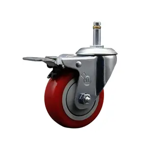 212 MAIN Service Caster SCC-GRTTL20S414-PPUB-RED-716138 Polyurethane Lockable Swivel Grip Ring Stem Caster, Furniture Moving Wheel, 4 x 1.25 in. Red Wheel, 0.43 in. Stem, Total Locking Brake, Lockable Wheels