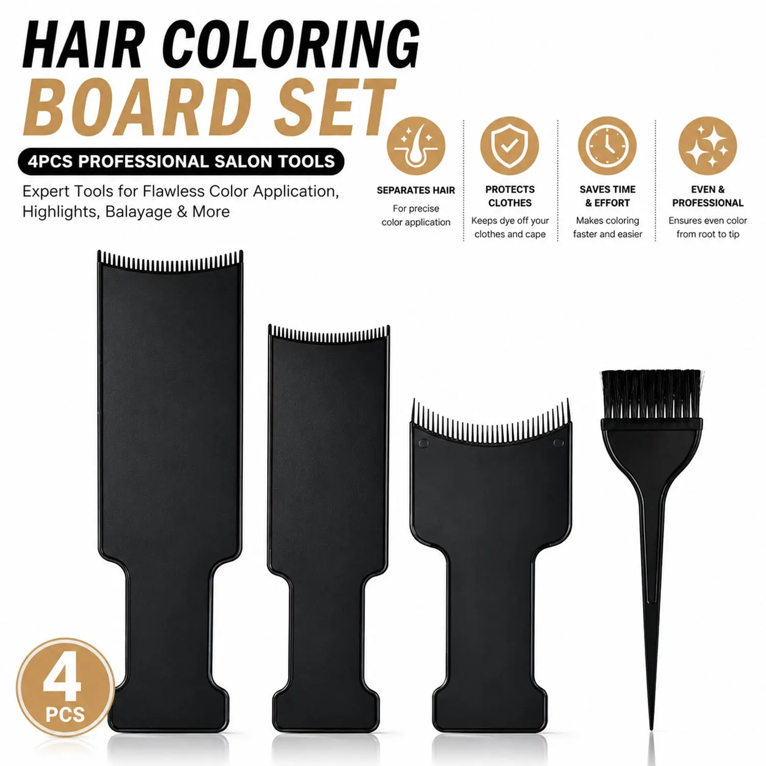 4PCS Hair Dye Brush & Comb Set, Professional Salon Hair Coloring Kit with Highlighting Paddle, Tint Brush & Comb, Easy-Clean Dye Application Tools for Root Touch Up, Highlights, Balayage, DIY Hair Dye & Home Styling