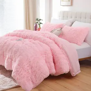 King Size Comforter Set, Faux Fur Pink Comforter Set, Luxury Fuzzy King Bedding Set, Soft Shaggy Bed Set for All Season, 3 Pieces - 1 Comforter & 2 Pillowcases,