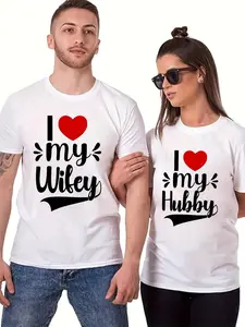 Couple T-shirt I Love My Hubby & Wifey Graphic Print Men's Creative Top Casual Short Sleeve Crew Neck T-shirt for Summer Outdoors for Adults Men Women Teenager Youth 100% Cotton Fabric