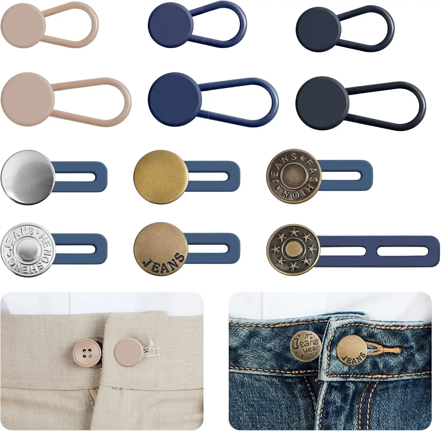 ALGOFAIR 6/12 PCS Comfortable Button Extenders for Jeans, Pants, Skirts, Slacks, Suit Pants - No-Sew Instant 1-1.8 Inches Waistband Extension Fasteners for Women & Men