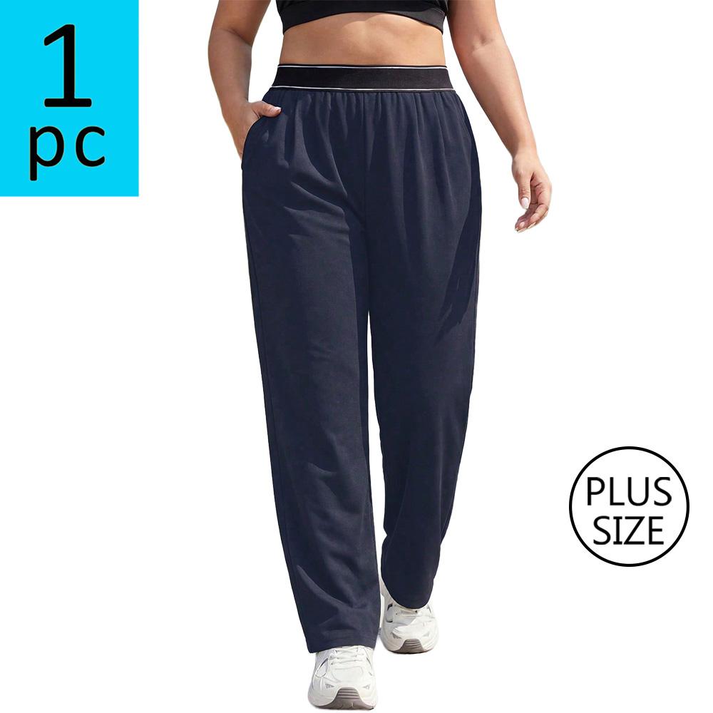 Plus-size women’s athletic casual pants with an elastic waistband and straight legs; solid color, versatile running/fitness/jogging pants; plus-size black straight-leg pants; medium stretch woven fabric; suitable for everyday wear and as a holiday gift.