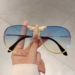 1 Pair of Stylish Oversized Women'S Bees & Butterflies Frameless Glasses - Red Lens with Golden Accents, Decorative Eyewear for Fashion, Accessories | Butterfly Accents | Metallic Finish