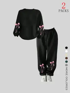 Women's Fashionable Butterfly Knot Hoodie Set, Casual Warm Jogger Pants with Pockets, Perfect for Parties & School