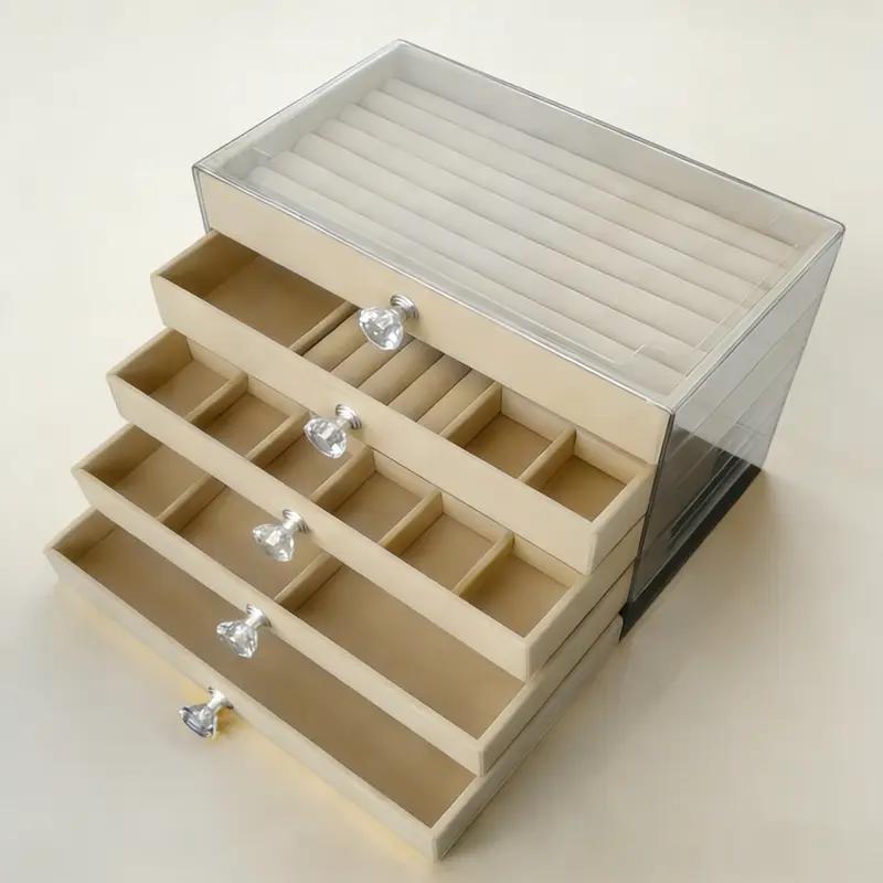 5-Layer Velvet Jewelry Box with Clear Lid, Large Capacity Jewelry Organizer Storage Case for Rings Earrings Necklaces Bracelets, Acrylic Display Jewelry Holder Drawer Organizer for Women Girls, Vanity Dresser Countertop Storage Box