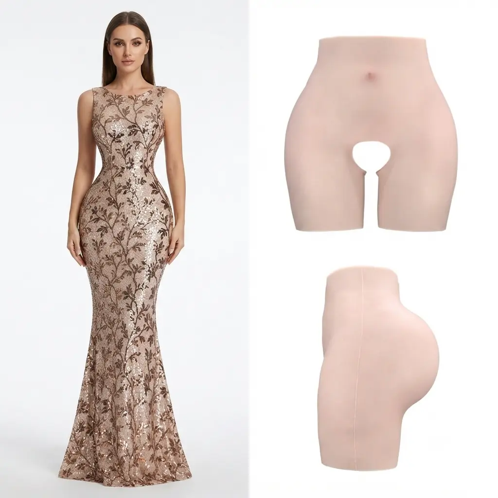 Party silicone butt-lifting panties — soft, skin-friendly silicone panties that tighten the abdomen and enhance the curves of the buttocks, remaining completely concealed under shiny bodycon skirts, invisible.