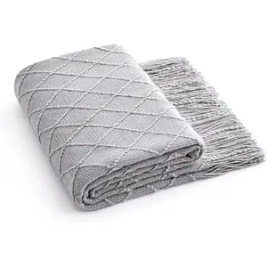 Knitted Throw Blanket, Lightweight and Soft Cozy Decorative Woven Blanket with Tassels for Couch, Bed, Sofa, Travel, Suitable for  Seasons, 50 x 60 Inches, Grey
