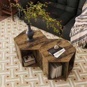 【GOOGREAT】47.24'' Hexagonal Coffee Table Side Table Nightstand Antique Wood 2PCS