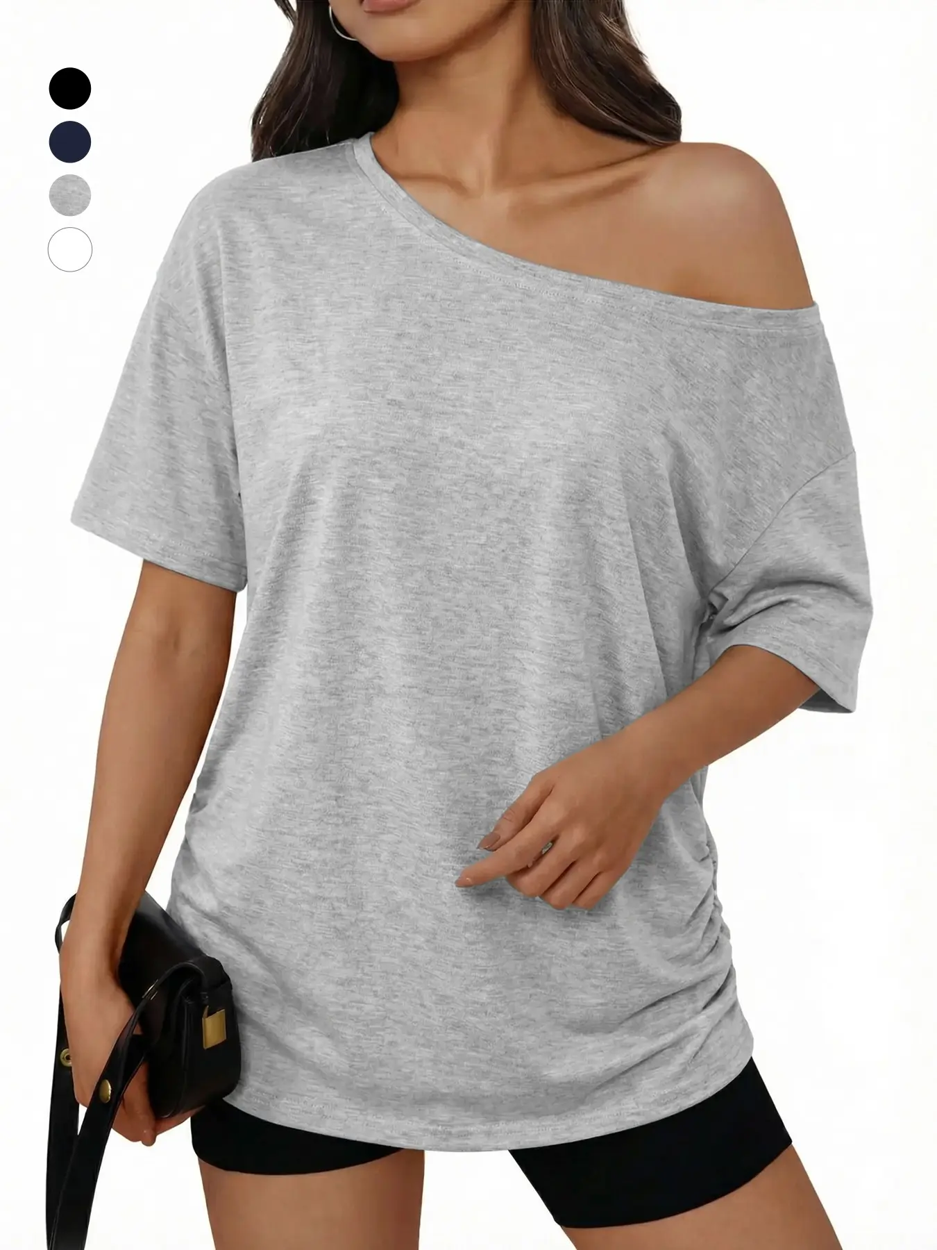 Lazy Vibe Asymmetrical Off-The-Shoulder Oversized Short Sleeve T-Shirt, Multi-Color Y2K Loungewear Top, Casual Fitted Design, All Seasons, Womenswear