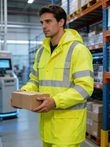 Men's High Visibility Reflective Raincoat Jacket, Waterproof Breathable Workwear with Two Large Pockets, Ideal for Heavy Rain, Construction, Fishing, Traffic Control