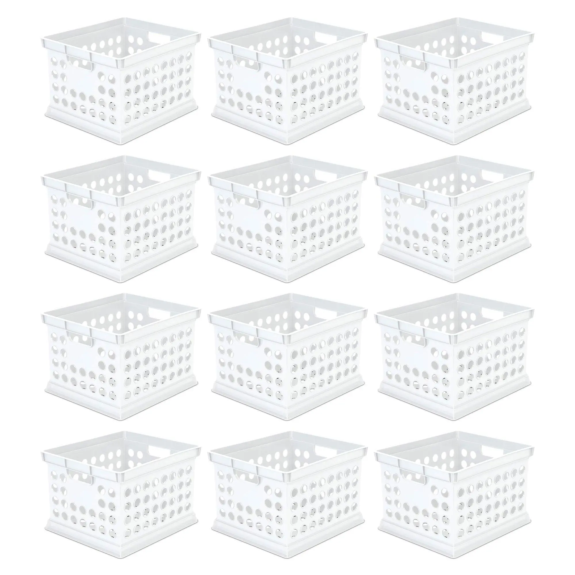 Sterilite Stackable Plastic Storage Open Crate Bin Organizer Box, White, 12-Pack