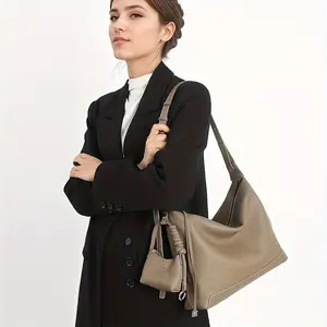 2025 Summer Women's Genuine Leather Tote Bag - Minimalist Design Light Gray & Black, Adjustable Shoulder Strap, Zipper Closure, Versatile Handbag for