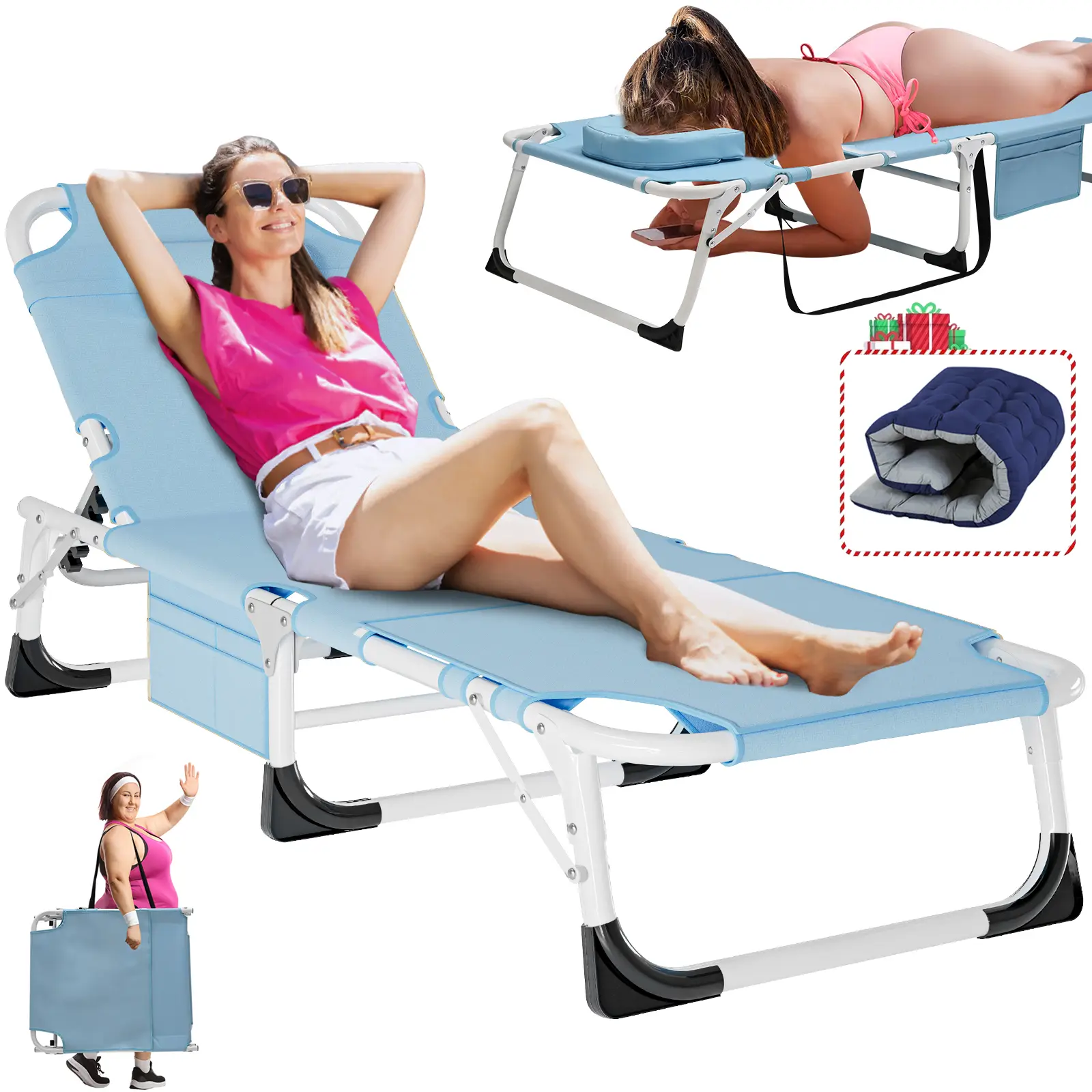 MOPHOTO Lounge Chair 5-Position Sun Tanning Chair Adjustable Heavy Duty Patio Folding Chaise for Poolside Beach Lawn Camping with Mattress