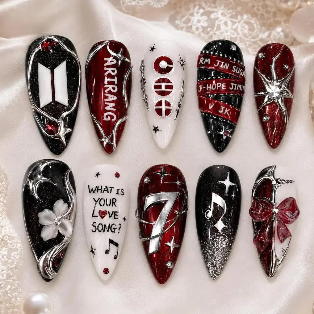 Bangtan Arirang Press On Nails, Red Black Silver Kpop Nail Set, Army Concert Gift, Reusable Custom Fake Nails