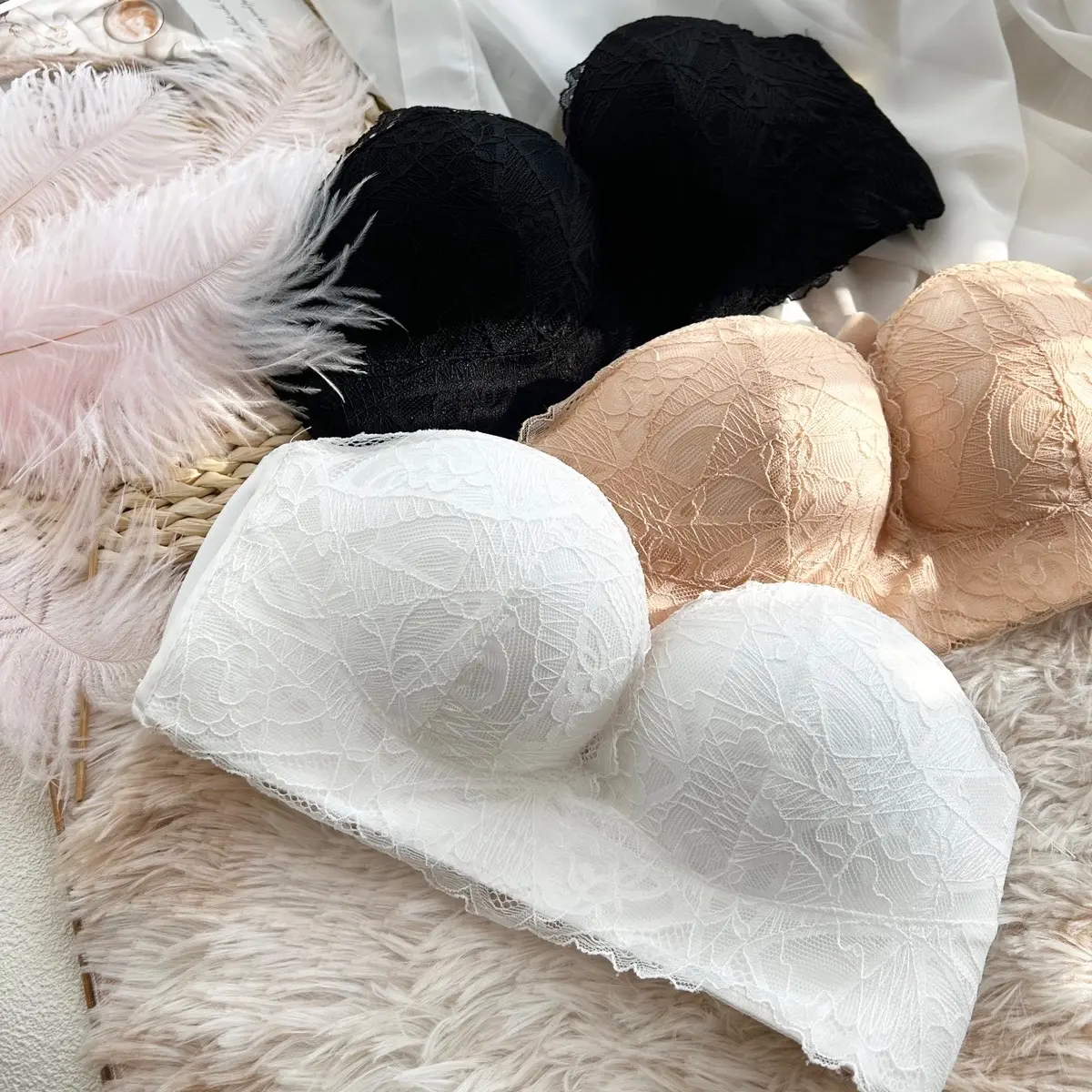 Lace Push Up Strapless Bra, Two Buckle Back, More Secure, Anti-Slip Elegant and Comfortable Lingerie