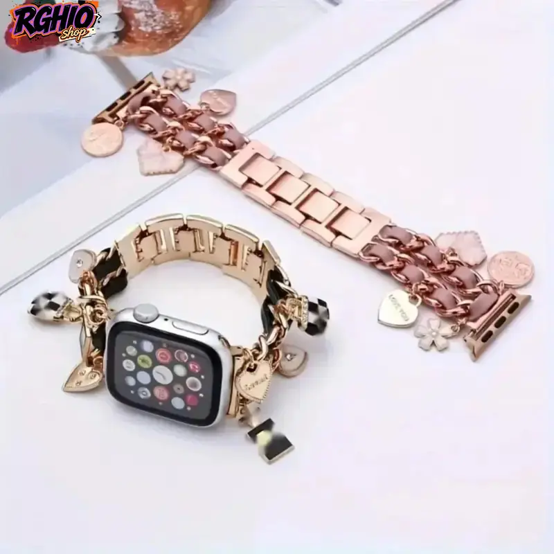 Women's Alloy-Leather Hybrid Replacement Watch Band - Double-Row Chain Wrist Strap Compatible with Apple Watch 38mm/40mm/41mm/42mm/44mm/45mm/46mm/49mm Series 1-11, SE, Ultra - Elegant Accessory for Daily Casual & Weekend Social Wear