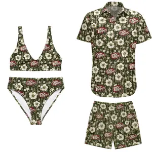 Dr Pepper Matching Couple Swimwear, Green Camo Floral Hawaiian Shirt & Bikini Set, Perfect Gift for Husband and Wife