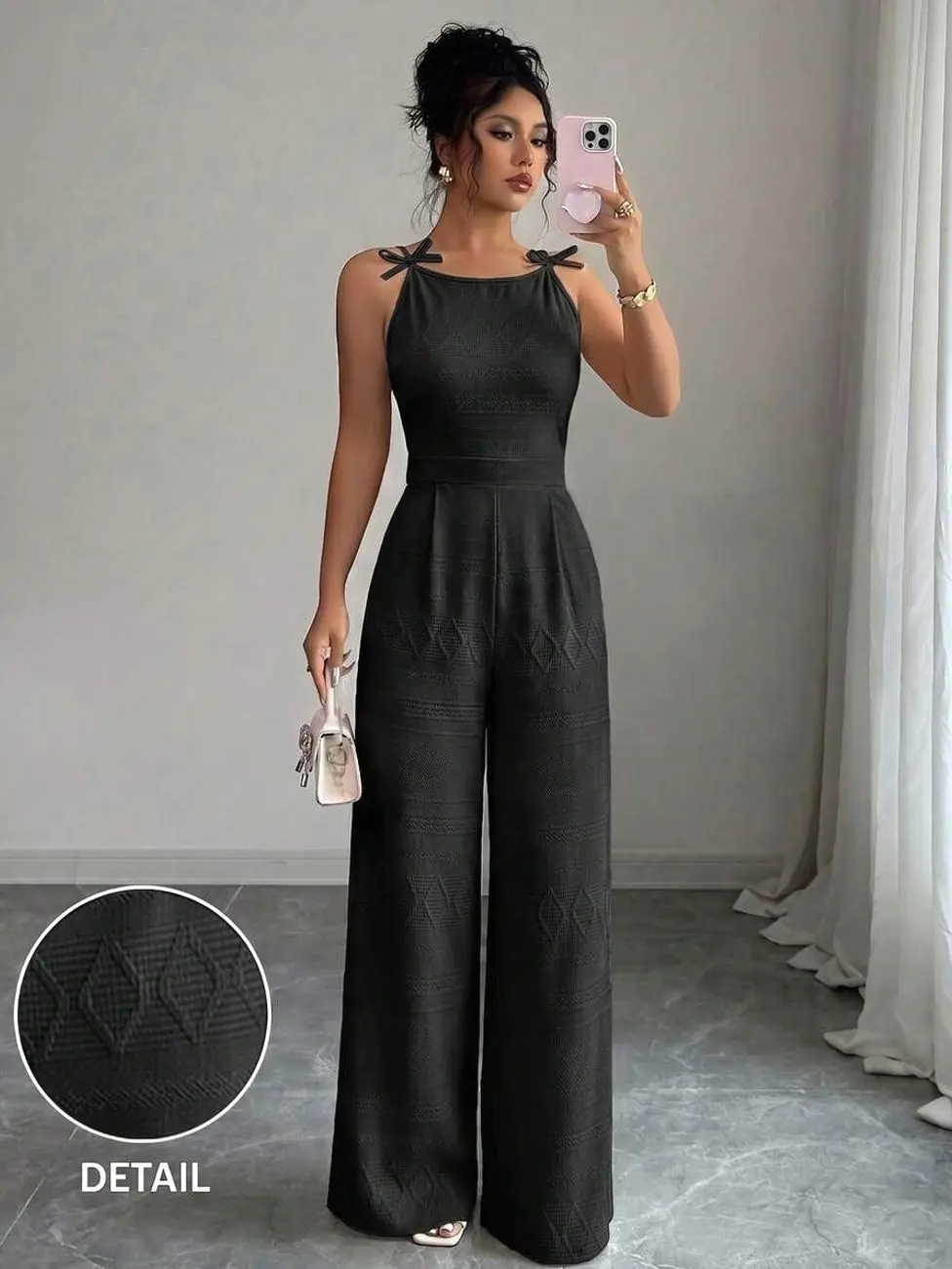 Women's Bowknot & Daisy Jacquard Fabric Waist Cinched Wide Leg Jumpsuit, Elegant For Daily Commute