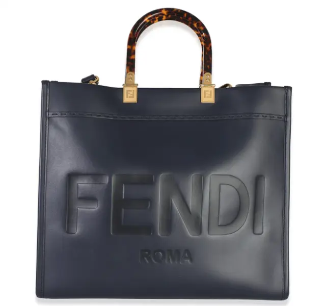 Pre-owned FENDI Leather Tote Roma Bag Navy Blue with Tortoiseshell Handles and Gold Hardware
