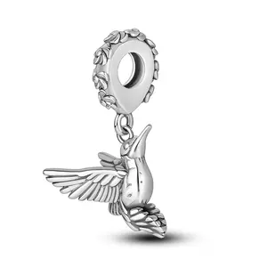 MULA  925 silver-plated Hummingbird Charm | Elegant nature-inspired jewelry | Leaf details and silver plated finish | Fits Pandora bracelets and necklaces | Perfect gift for bird lovers