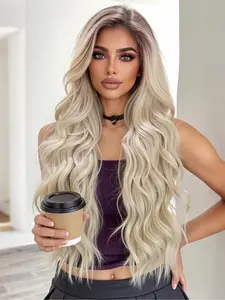28 Inch Long Wavy Wigs for Women, Gorgeous Fluffy Wigs without Bangs, Synthetic Lace Front Wigs for Party, Daily Use