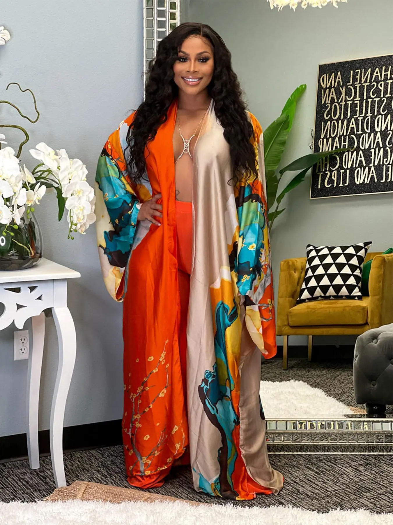 Women's All Over Print Kimono Sleeve Cover Up, Curvy Casual Long Sleeve Open Front Outerwear for All Seasons, Ladies Clothes for Daily Wear