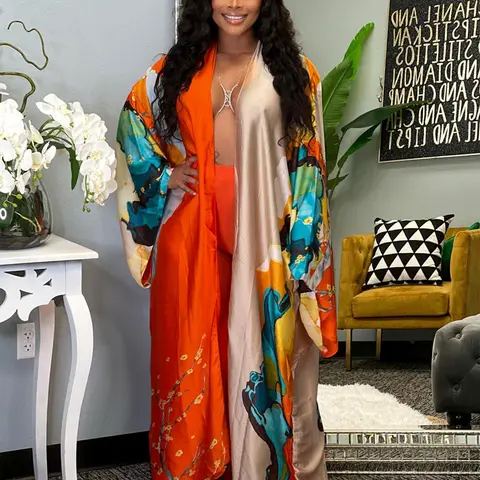 Women's All Over Print Kimono Sleeve Cover Up, Curvy Casual Long Sleeve Open Front Outerwear for All Seasons, Ladies Clothes for Daily Wear