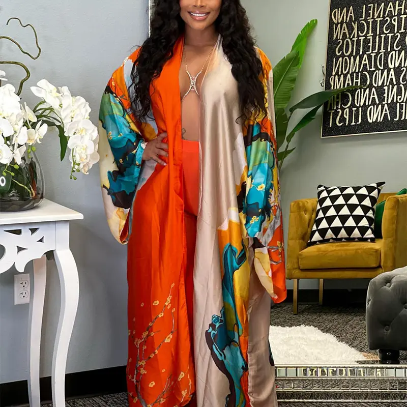 Women's All Over Print Kimono Sleeve Cover Up, Curvy Casual Long Sleeve Open Front Outerwear for All Seasons, Ladies Clothes for Daily Wear