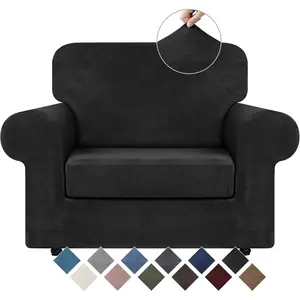 Velvet Stretch Chair Sofa Slipcover - 2 Pieces Luxury Soft Velvet Plush Couch Cover Furniture Protector with Elastic Bottom for Pets, Machine Washable, Black, Small