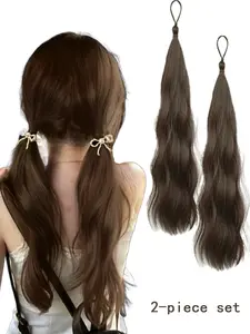 18-inch ponytail extension, synthetic hairpiece, Synthetic Extensions, twin ponytails, bun style, elastic band with natural waves for added volume, strap-on faux braids, mid-length ponytail wig