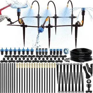 50FT 1/4" Drip Irrigation System - Complete Garden Irrigation Kit with 16 count 360? Adjustable Atomizing Copper Nozzles - Watering  System for Raised Beds, Potted , Greenhouse