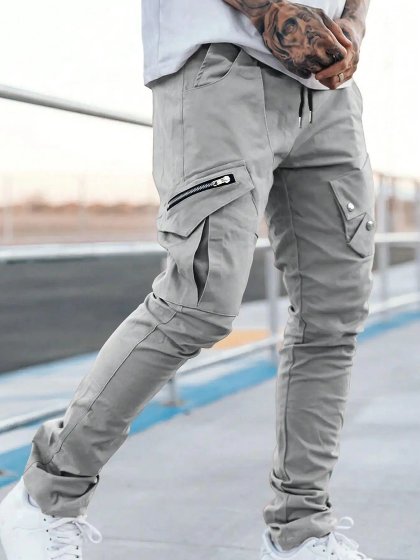 Men's Plain Drawstring Waist Cargo Pants, Regular Fit Casual Zipper Pocket Trousers, Masculine Designed Pants, Male Oriented Bottoms, Men's Pants for
