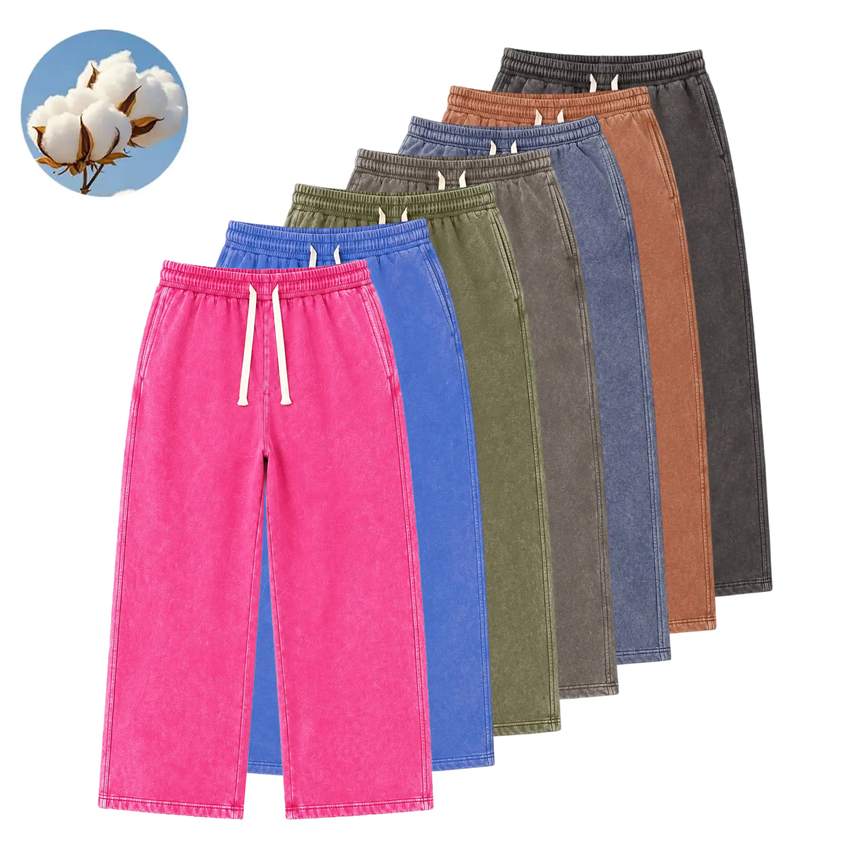 Men’s solid-color acid-wash cotton fleece sweatpants for autumn/winter, straight-leg long pants with a water-washed finish and premium cotton feel; women’s long pants; campus style; suitable for cold seasons; all-season wear.