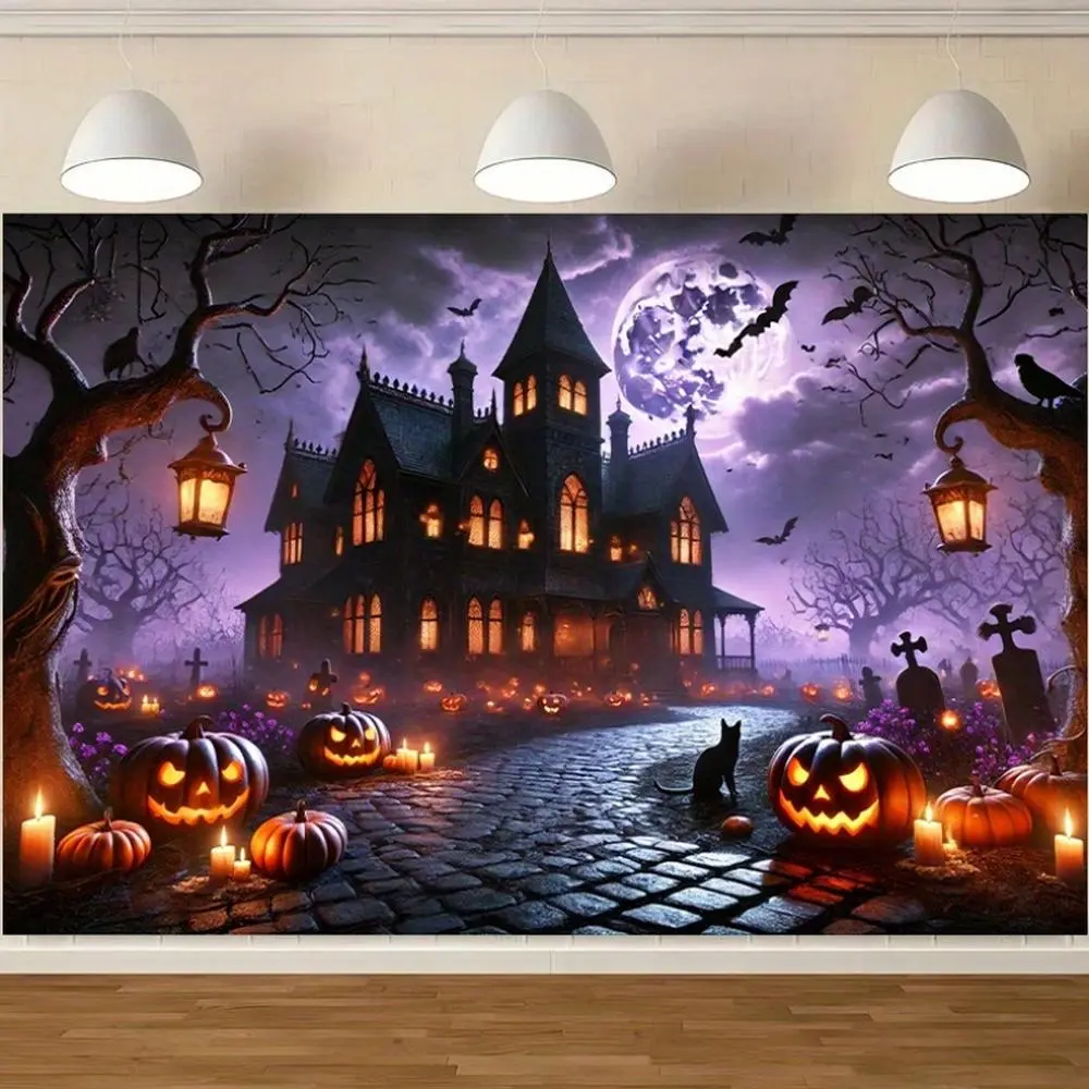 1pc 2D Flat Halloween - Themed Polyester Wall Decor - Spooky Castle Scene Jack - O' - Lanterns Bats Full Moon Perfect Living Room Bedroom Office out Parties Halloween decors Halloween Backdrop